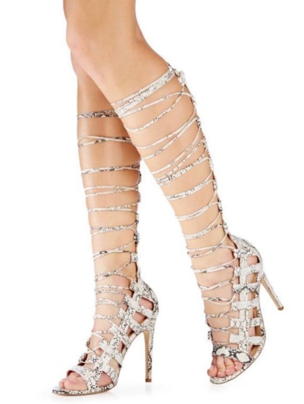 Lace-Up Snake Print Gladiator Heels in Beige-Green